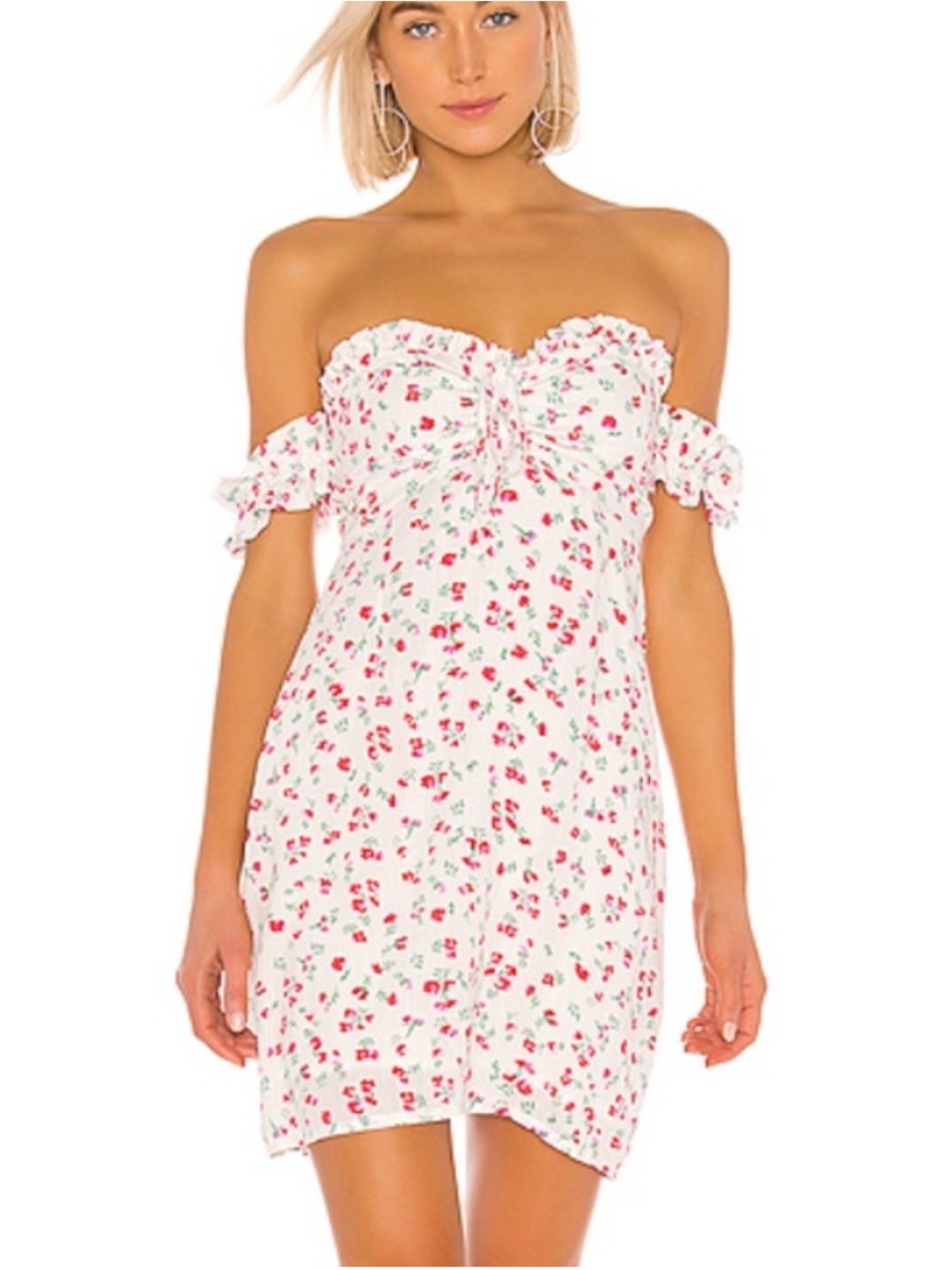 MINKPINK Burma Bloom Floral Print Off Shoulder Sweetheart Mini Dress White Small - Picture 1 of 9